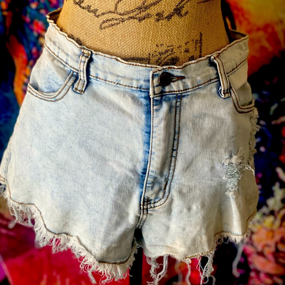 High waisted distressed jean shorts